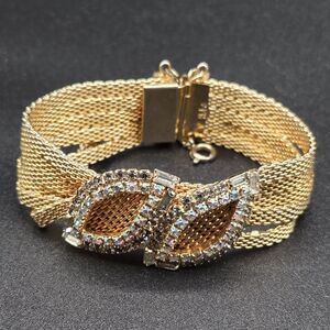 Vintage Hobé Gold Mesh Ornate Rhinestone Bracelet 7.25 In. Signed